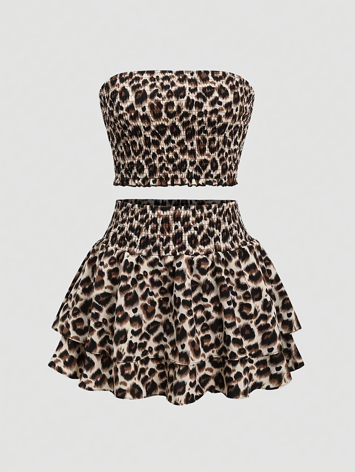 Women's sweet leopard print tube top and layered skirt woven two-piece fashion suit Elegant spring/summer print skirt 2pcs set